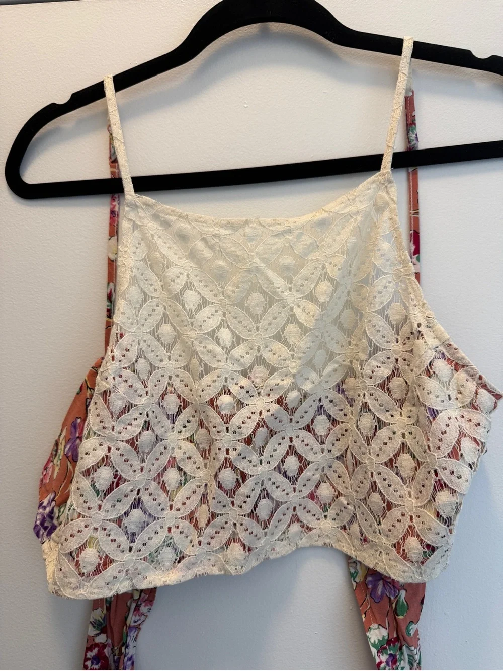 Free People Cream Lace Layered Crop Top with Floral Ties